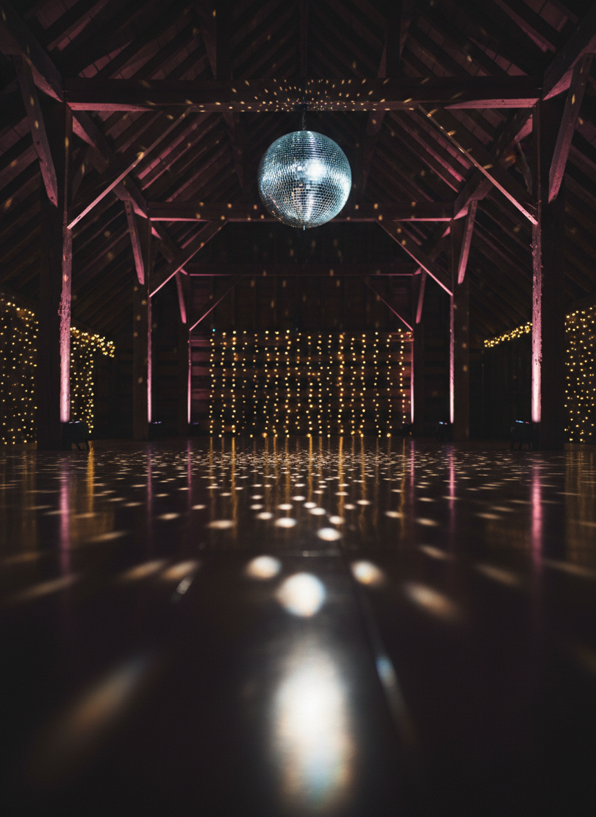 A polished wooden dance floor under a dramatic, mirror-tiled disco ball suspended from rustic barn rafters, with no dancers present. The disco ball scatters tiny reflections of light across the darkened space, while subtle, colored uplighting washes the timber beams in deep indigo and soft magenta. In the background, blurred fairy lights drape along the walls, adding warm golden bokeh. The camera is positioned low, angled slightly upward toward the disco ball, emphasizing its sparkle. The mood is glamorous and energetic, suggesting an unforgettable party, captured in crisp photographic realism with a cinematic, evening atmosphere.