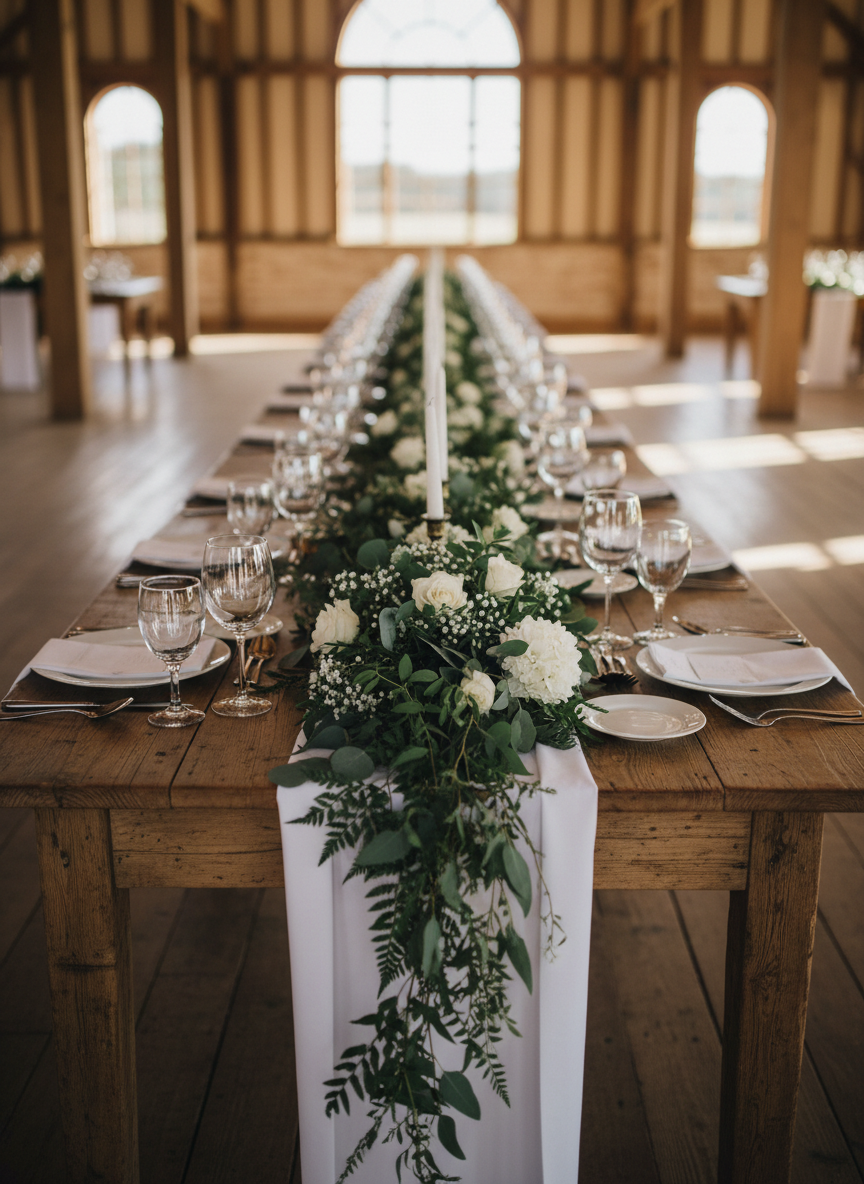 A long, beautifully styled banquet table set for a daytime wedding reception at a countryside barn venue, empty of guests. The table is made of rich, reclaimed wood, adorned with crisp white linen runners, crystal glassware, and polished silver cutlery. Lush green foliage and white florals run down the center beside tall, slender candles in antique brass holders. Sunlight filters through large barn windows, casting soft, natural light and delicate patterns across the table. Captured at eye level from one end, with a shallow depth of field leading the eye down the table, in clean, photographic realism that conveys sophisticated celebration and anticipation.