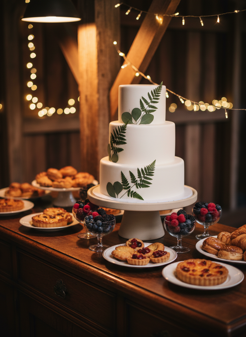 A close-up of a decadent wedding dessert display on a dark wooden sideboard, styled for a sophisticated countryside celebration. A tall, minimalist white tiered cake with smooth fondant and delicate pressed greenery sits on a matte ceramic stand, surrounded by small glass compotes filled with jewel-toned berries and refined pastries on porcelain plates. Warm overhead pendant lighting creates soft highlights on the icing and subtle shadows on the wood grain. The background is slightly blurred, hinting at barn beams and twinkling fairy lights. Photographic realism, shot at a three-quarter angle with shallow depth of field, creates a luxurious yet inviting mood that whispers, “Come hungry.”