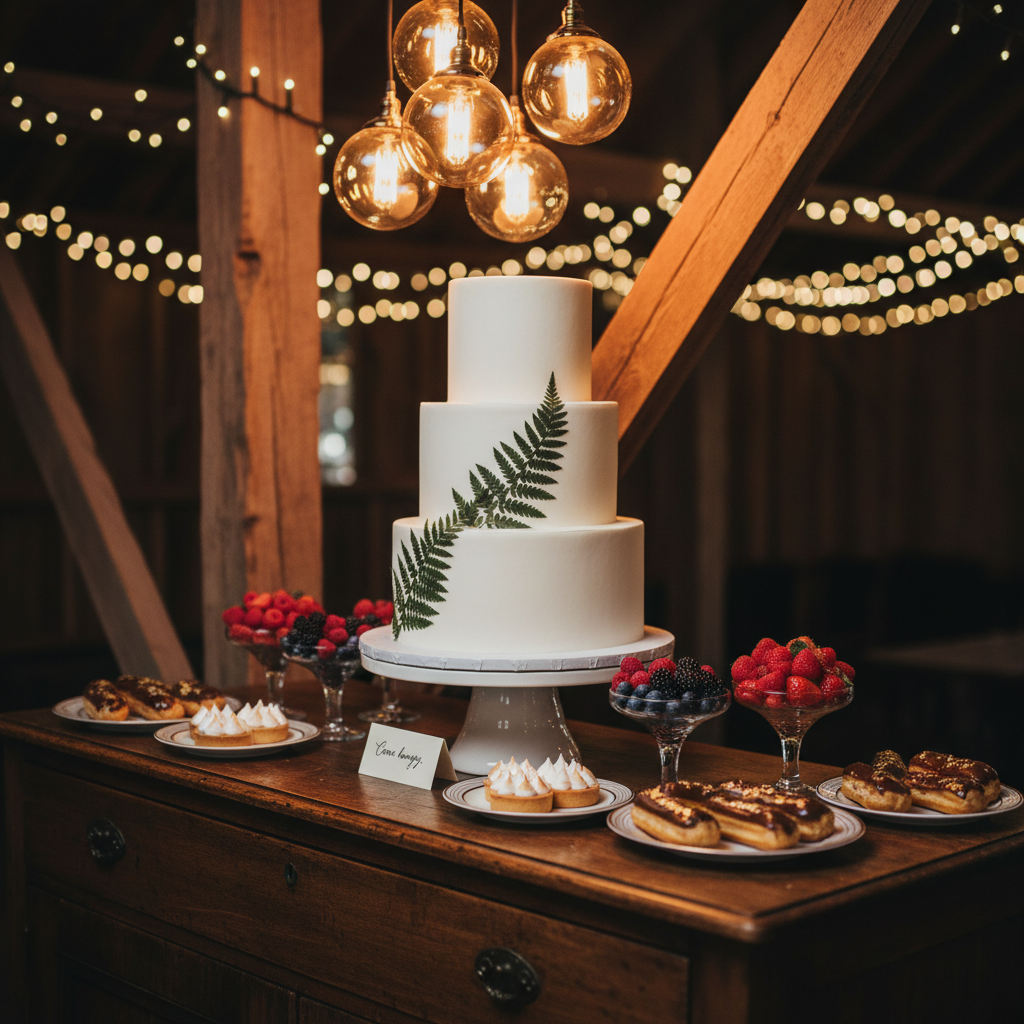 A close-up of a decadent wedding dessert display on a dark wooden sideboard, styled for a sophisticated countryside celebration. A tall, minimalist white tiered cake with smooth fondant and delicate pressed greenery sits on a matte ceramic stand, surrounded by small glass compotes filled with jewel-toned berries and refined pastries on porcelain plates. Warm overhead pendant lighting creates soft highlights on the icing and subtle shadows on the wood grain. The background is slightly blurred, hinting at barn beams and twinkling fairy lights. Photographic realism, shot at a three-quarter angle with shallow depth of field, creates a luxurious yet inviting mood that whispers, “Come hungry.”